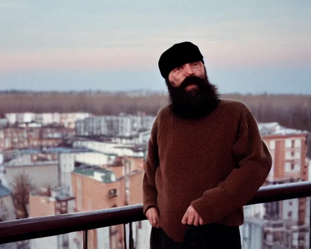 Image similar to lomographic tarkovsky film still of 4 0 years russian man with beard and sweater standing on small hrushevka 9 th floor balcony in taiga looking at sunset, perfect faces, cinestill, bokeh