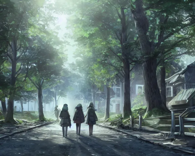 Prompt: characters from girl's last tour walking alongside the tree - lined street, hyperdetailed realistic illurstration, 8 k,
