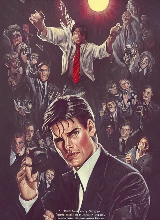 Image similar to innocent tom cruise, evil beings scheme to control him, twin peaks poster art, from scene from twin peaks, by michael whelan, artgerm, retro, nostalgic, old fashioned, 1 9 8 0 s teen horror novel cover, book