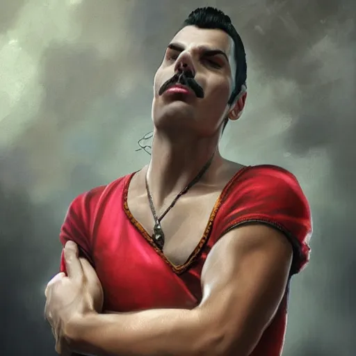 Image similar to portrait of freddie mercury playing mario after hitting the gym for one year, fantasy, intricate, elegant, highly detailed, digital painting, artstation, concept art, matte, sharp focus, illustration, art by aenaluck and roberto ferri and greg rutkowski, digital painting