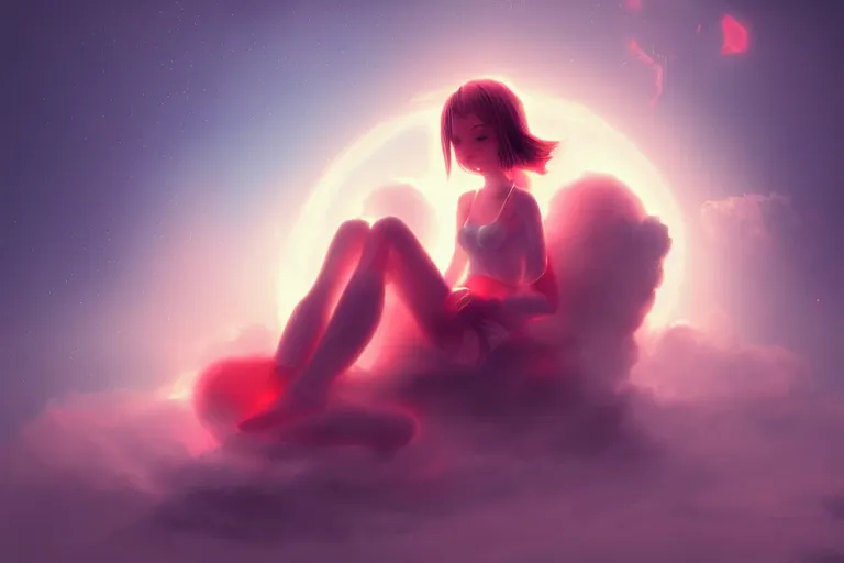 Image similar to a cute robot girl sitting on a cloud relaxing, red lighting, mist, digital art,