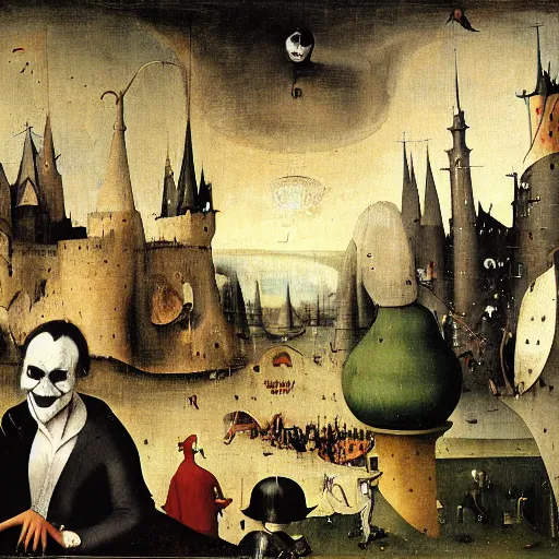 Image similar to portrait of the joker, drama, chaos matte painting by hieronymus bosch and zidislaw beksinsky