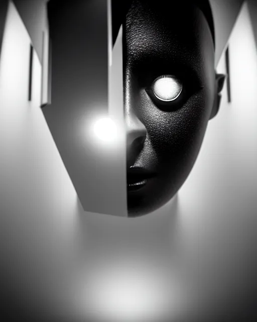 Image similar to black and white high quality photo of a beautiful female vegetal-cyborg looking into a sci-fi mirror, volumetric lighting, brutalism, foggy, dreamy, hyperdetailed, bokeh, photorealistic, cinematic, masterpiece, elegant, dark, by Man Ray in the style of Horst P. Horst, octane render, 8K,