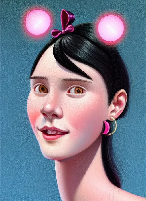 Image similar to portrait of high school girl, realistic, black hair, bangs, half updo hairstyle, pointy nose, skinny, smile, ugly, defined jawline, big chin, pink hair bow, earrings, intricate, elegant, glowing lights, highly detailed, digital painting, artstation, sharp focus, illustration, art by wlop, mars ravelo and greg rutkowski