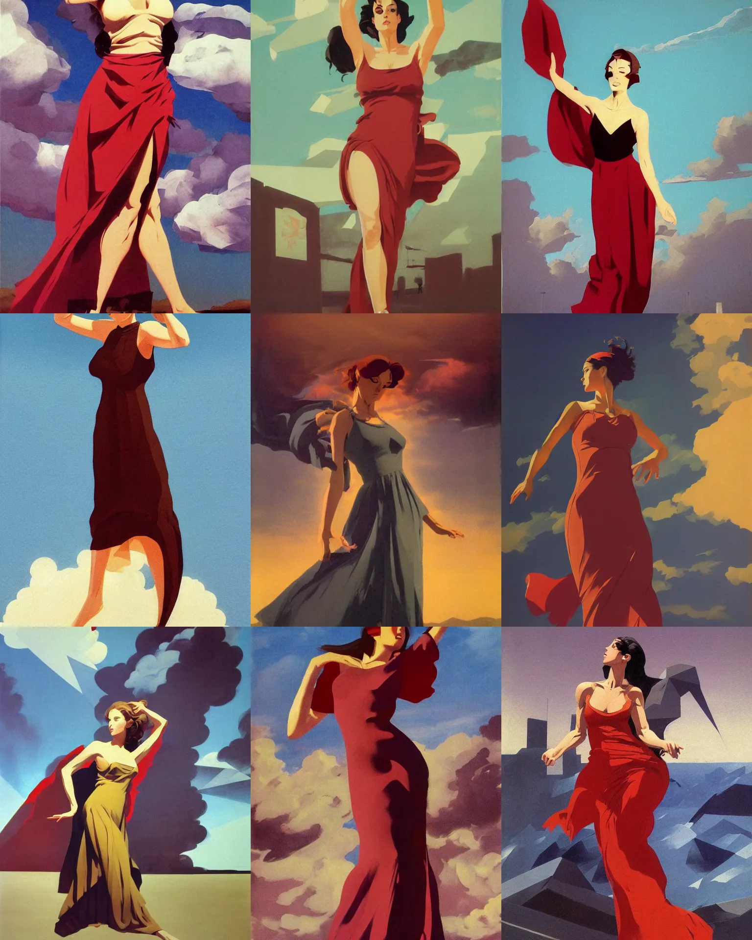 Image similar to woman portrait, female figure in maxi dress, sky, thunder clouds modernism, dynamic pose, dance, low poly, low poly, low poly, industrial, soviet painting, social realism, barocco, Frank Frazetta, Dean Ellis, Detmold Charles Maurice, 1993 anime,