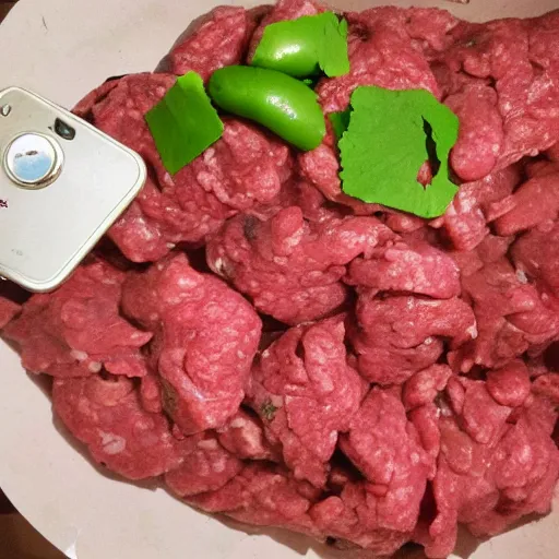 Image similar to raw meat chunks raw beans, mold, cell phone photo,