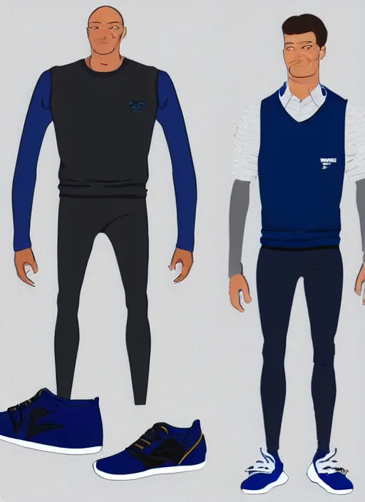 Image similar to a concept art of a man wearing a blue vest, navy blue sweater, black sports pants, fingerless gloves, and white running shoes