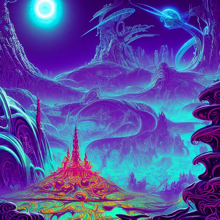 Image similar to mysterious eyeball hovers over mythical crystal temple, fractal waves, synthwave, bright neon colors, highly detailed, cinematic, eyvind earle, tim white, philippe druillet, roger dean, ernst haeckel, lisa frank, aubrey beardsley