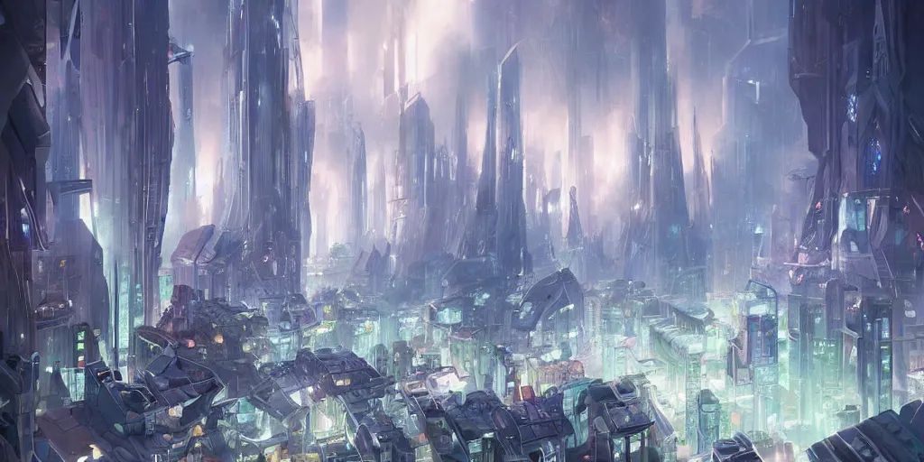 Prompt: Vision of a future city made of Crystal structures by Jordan Grimmer. Geoffroy Thoorens.
