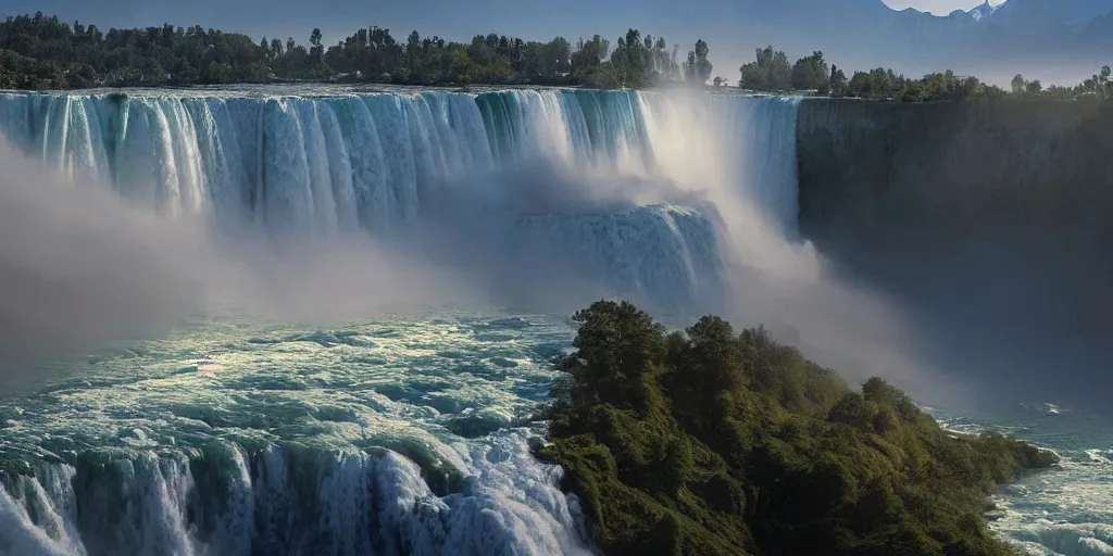 Prompt: cascade of multiple gigantic niagara falls in the himalaya, epic mountains, dawn, sunrise colors, fantasy illustration, matte painting, concept art, low angle shot, volumetric lighting, volumetric atmosphere, morning mist, art by james gurney, unreal engine 5, 8 k