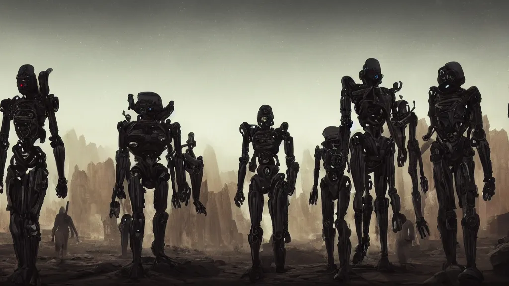 Image similar to a group of robot cultists gathering in the desert, robot occult, beautiful fantasy cyberpunk painting, dark foreboding magical atmosphere, cinematic lighting, hyperdetailed 3D matte painting, 8k ultraHD octane render, masterpiece