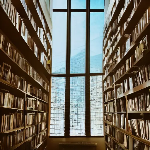 Prompt: gigantic windows with sunlight streaming through in a library