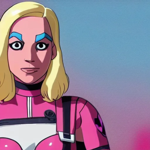 Image similar to A still of Gwenpool in Deadpool 3 (2023), blonde hair with pink highlights, no mask, looking directly at the camera