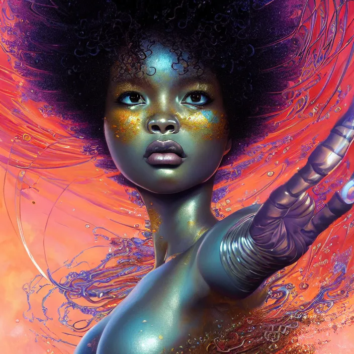 Prompt: ultra detailed illustration of a angry afro american anime girl covered in a sea of iridecent liquid, chrome metal material, lost in a dreamy oriental realm by Karol Bak, Ruan Jia, Moebius, hiroshi yoshida, Druillet, colorful, front view, vivid colors, 8k, coherent, anime vibes, uplifting, magical composition, artstation, synthwave, 8k, coherent, artgerm, uplifting, unreal engine, magical composition, artstation