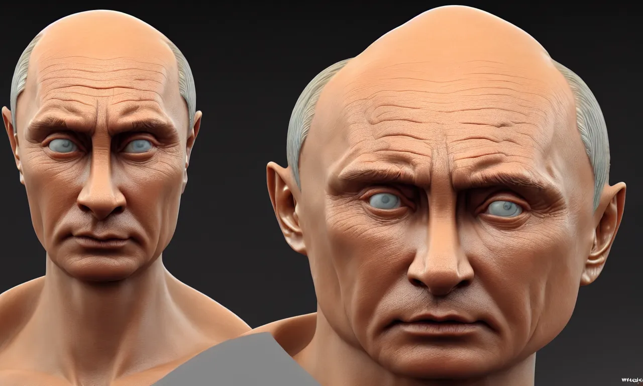 Prompt: strong translucent wax vladimir putin alien casted in reflective epoxy resin box, subsurface scattering, high detail, small features, from new movie by digital domain and weta digital, strong ambient occlusion