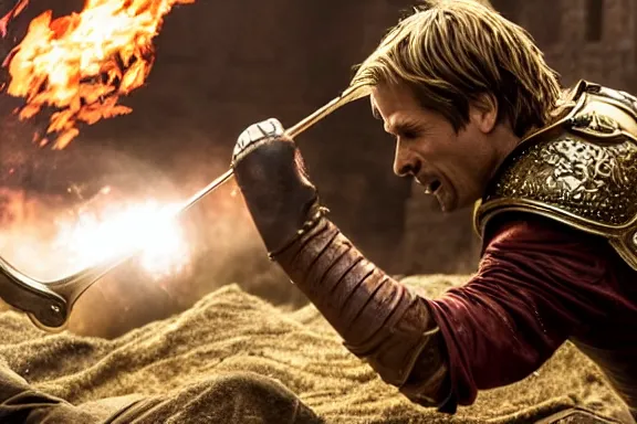 Image similar to very very intricate photorealistic photo of jaime lannister defeating cersei, photo is in focus with detailed atmospheric lighting, award - winning details