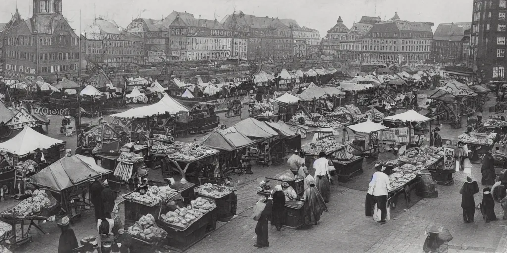 Prompt: 1 8 th century picture of the hamburg fischmarkt, food stalls, vegetable stands, fishmongers, 1 9 0 0 s photography