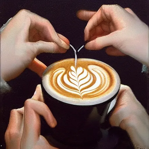 Image similar to A performance art. A rip in spacetime. Did this device in her hand open a portal to another dimension or reality?! latte art by Paul Gustav Fischer frightful