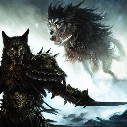 Image similar to Wolf, Anthropomorphized, as warlord general on skull throne, magic the gathering artwork, D&D, fantasy, cinematic lighting, centered, symmetrical, highly detailed, digital painting, artstation, concept art, smooth, sharp focus, illustration, volumetric lighting, epic Composition, 8k, art by Akihiko Yoshida and Greg Rutkowski and Craig Mullins, heroic pose, oil painting, cgsociety, Battlefield background, explosions, arrows