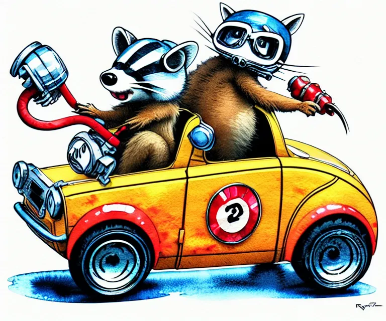 Prompt: cute and funny, racoon wearing a helmet riding in a tiny hot rod with oversized engine, ratfink style by ed roth, centered award winning watercolor pen illustration, isometric illustration by raymond edmonds, edited by range murata, tiny details by artgerm, symmetrically isometrically centered
