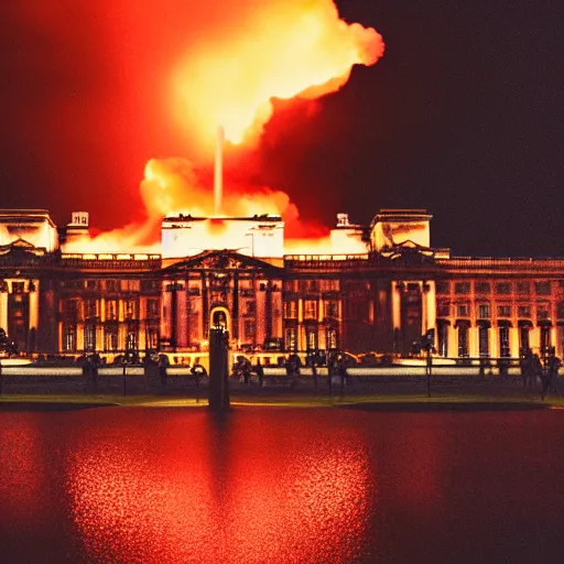 Prompt: photography of Buckingham palace collapsing in flames, cinematic, rule of thirds, golden ratio, evening