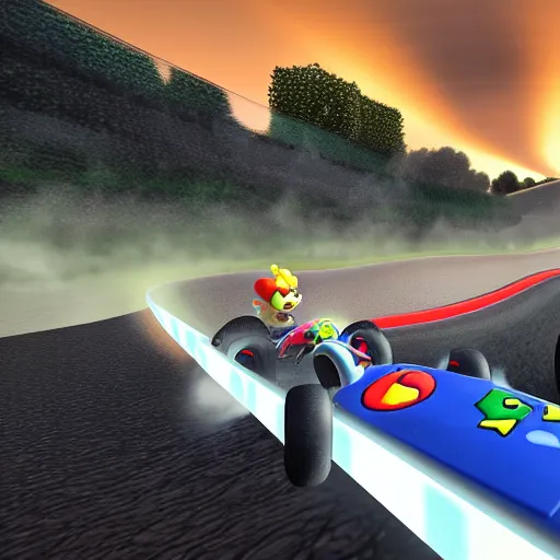 Prompt: A Mario Kart uniquely crafted high quality Track in the clouds at sunrise.