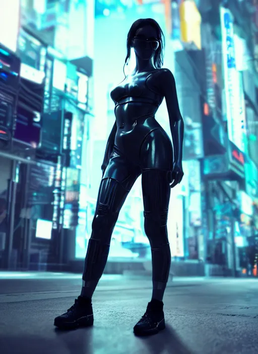 Image similar to photo of a beautiful woman walking through a ( ( ( cyberpunk city ) ) ), full body, hyper realistic, 8 k, dslr, unreal engine, highly detailed portrait