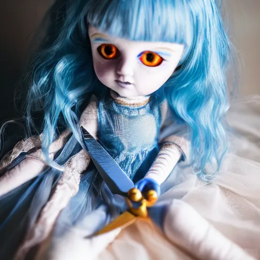 Prompt: a haunted doll with blue hair and scissors, moody lighting by Lilia Alvarado