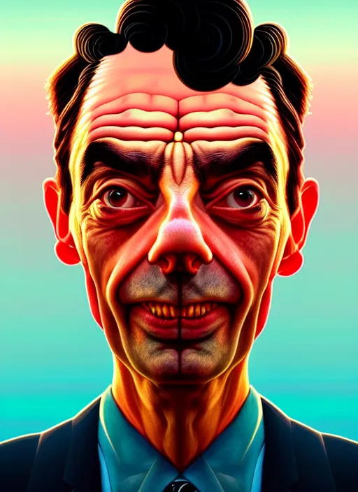 Prompt: symmetry!! stunning portrait of mr bean, by victo ngai, kilian eng vibrant colors, dynamic lighting, digital art, winning award masterpiece, fantastically beautiful, illustration, aestheticly inspired by beksinski and dan mumford, upscale with simon stalenhag work, artstation, 8 k