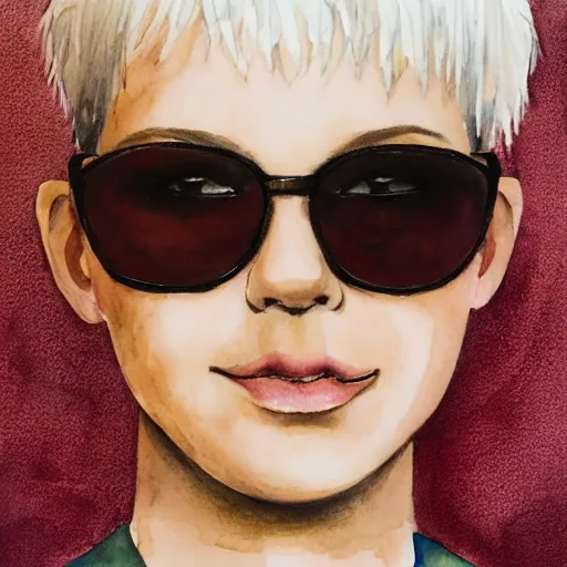 Prompt: water color portrait of a Young woman with a platinum blonde pixie cut wearing glasses and freckles around her nose