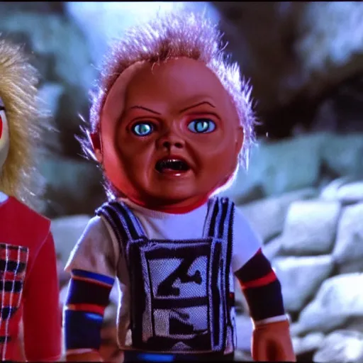 Prompt: stunning awe inspiring bill and ted's excellent adventure versus chucky the killer doll, movie still 8 k hdr atmospheric lighting
