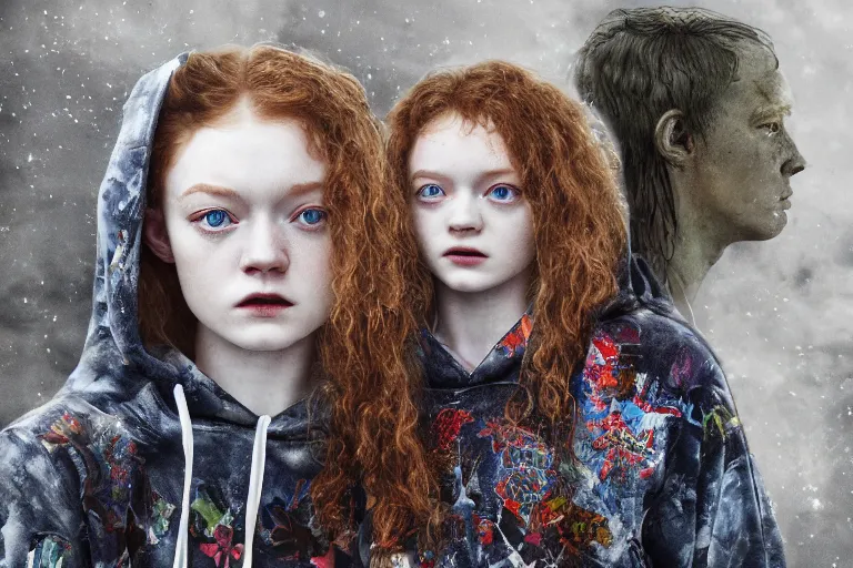 Prompt: sadie sink in a hoodie : runs fast. cyborg behind : runs fast. dirt, fantasy, soviet dystopian art by ayami kojima, vasnetsov, cedric peyravernay