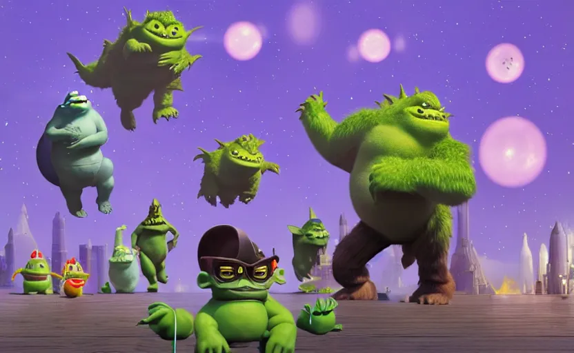 Prompt: elon musk godzilla yoda donkey kong pikachu yeti shrek super mario homer groot waluigi darth vader mike wazowski, highly detailed, extremely high quality, hd, 4 k, 8 k, professional photographer, 4 0 mp, lifelike, top - rated, award winning, cinematic, realistic, detailed lighting, detailed shadows, sharp, no blur, edited, corrected, trending