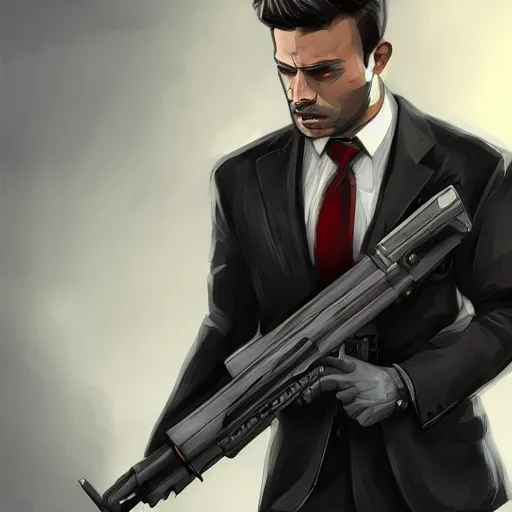 Image similar to portrait of an agent in a suit armed with a kriss vector, D&D, fantasy, elegant, hopeful, muscular, highly detailed, digital painting, artstation, concept art, smooth, sharp focus, illustration