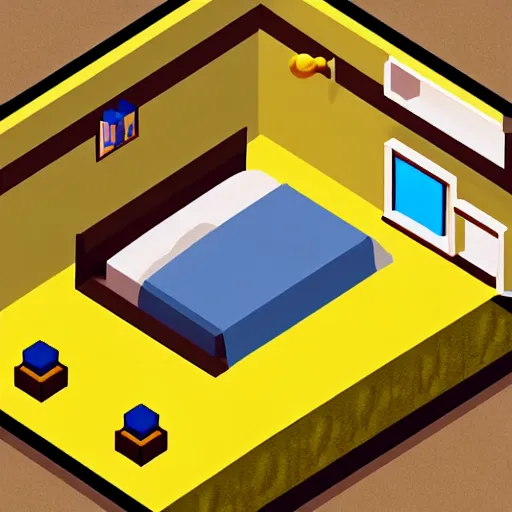 Image similar to rpg maker style bedroom, rpg game style, warm yellow lighting with shadows, isometric view, isometric perspective, 3 d, comforting, carpet on floor