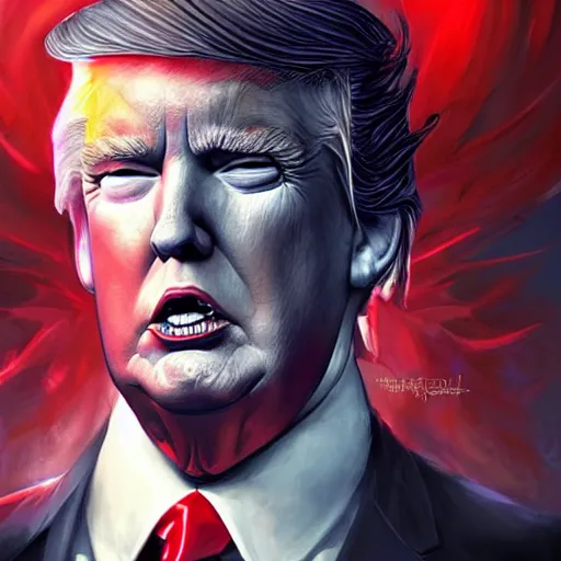 Image similar to donald trump as diablo character, digital illustration portrait design, by android jones and greg rutkowski, retrowave color scheme, detailed, cinematic lighting, wide angle action dynamic portrait