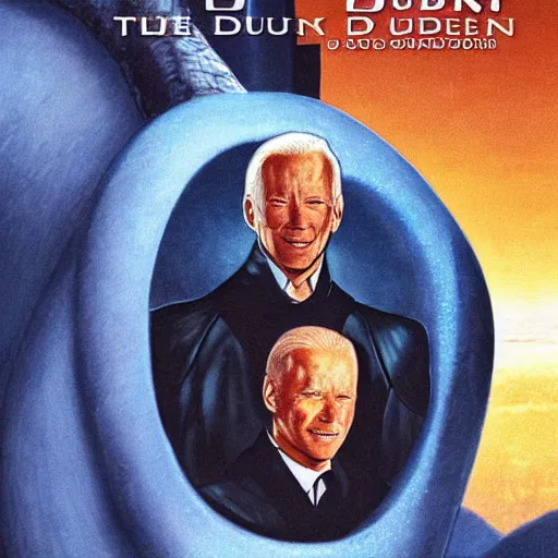 Image similar to book cover god emperer of dune by frank herbert with the face of joe biden on sandworm, cover art style