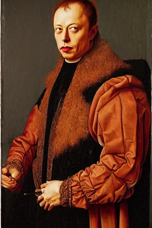 Image similar to renaissance 1 6 0 0 portrait of elon musk, oil painting by jan van eyck, northern renaissance art, oil on canvas, wet - on - wet technique, realistic, expressive emotions, intricate textures, illusionistic detail