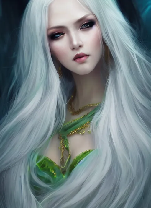 Image similar to a beautiful woman gheisa, 8 k, hyperrealistic, asian hyperdetailed, beautiful face, long white hair, green eyes, dark fantasy, fantasy portrait by laura sava