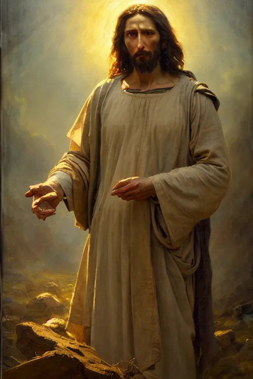 Image similar to photograph imax and solomon joseph solomon and richard schmid and jeremy lipking victorian loose genre loose painting full length portrait painting of jesus