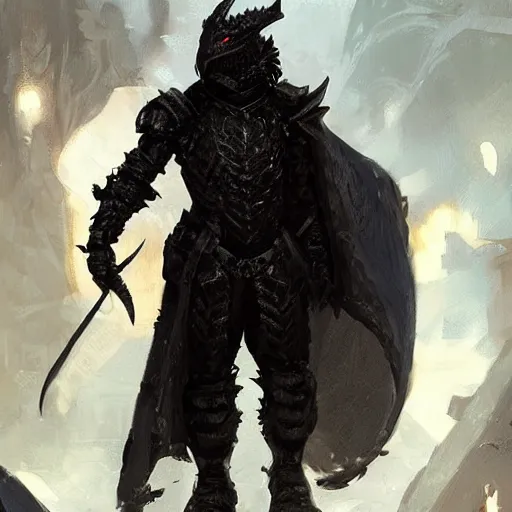 Prompt: digital art painting of a black dragonborn!!! wearing ( ( armored ) ) wizard robes!!!, dnd portrait painted by craig mullins and gaston bussiere and greg rutkowski