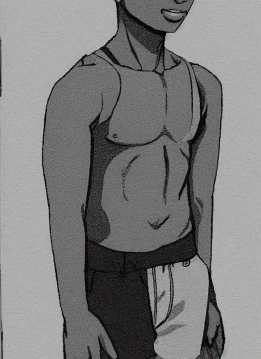 Prompt: character portrait illustrated by yoji shinakawa, bald african-american male teenager wearing a white tank-top