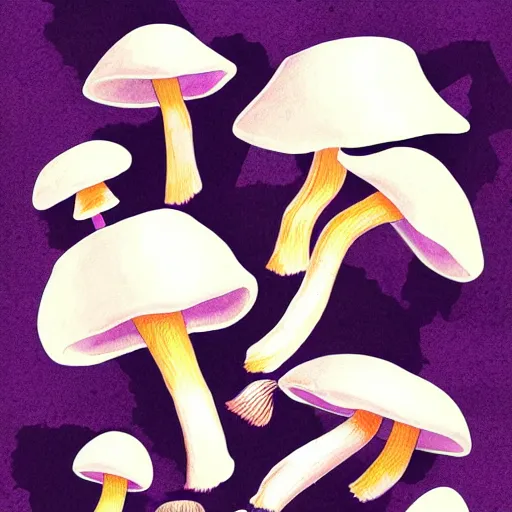 Image similar to mushrooms on a black background, purple internal glow, wallpaper, Illustration, Anatomical Drawing, Painting