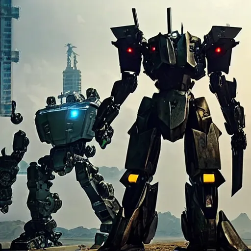 Image similar to cinematic still in ps 5 armoredcore 6 and real steel movie and westworld and pacific rim movie, one slim full body ornate armored heavily armed humanoid armored core mega mech by fujioka kenki and by mamoru nagano