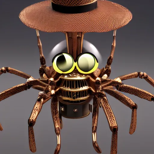 Prompt: a steampunk spider wearing a top hat, 8 k, unreal engine 6, hyper detailed, highly coherent,
