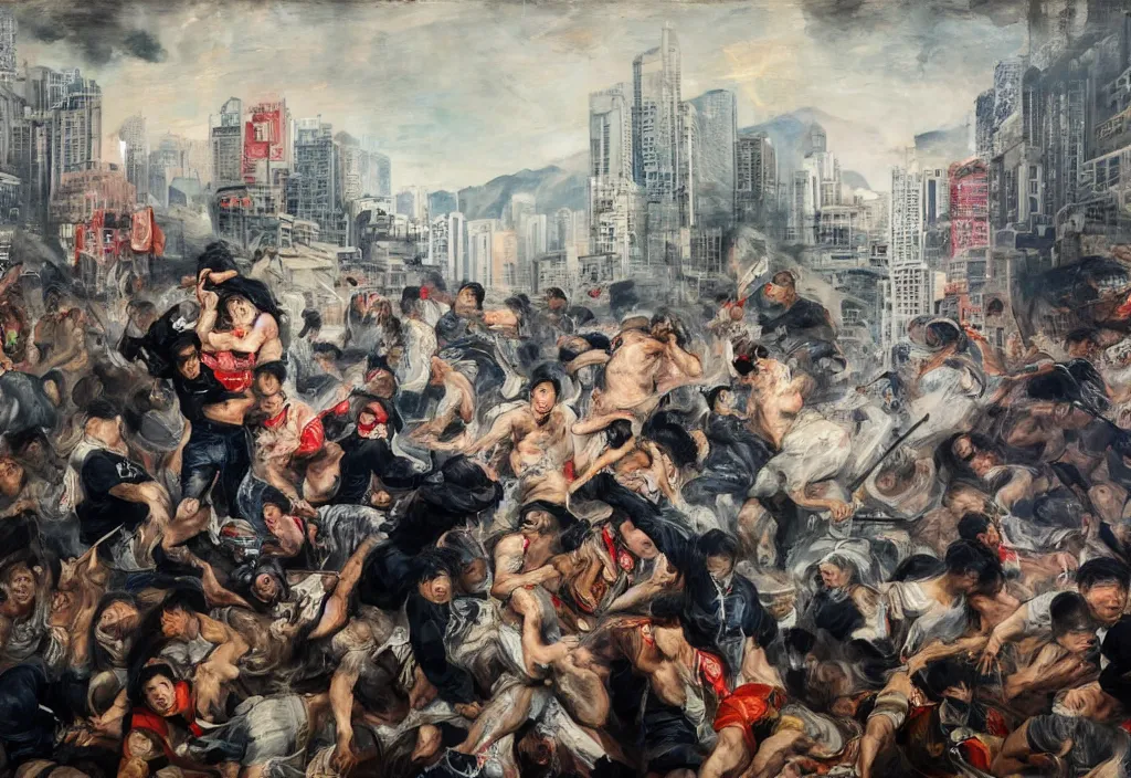 Prompt: 2 0 2 1 hong kong riot portrait by peter paul rubens. city buildings in the background.