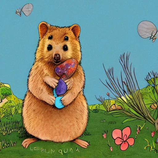Image similar to detailed illustration, a happy quokka on rotttnest island in the style of may gibbs, layered composition, layers, texture, textured, layered, sculpted, dynamic, 🦋,