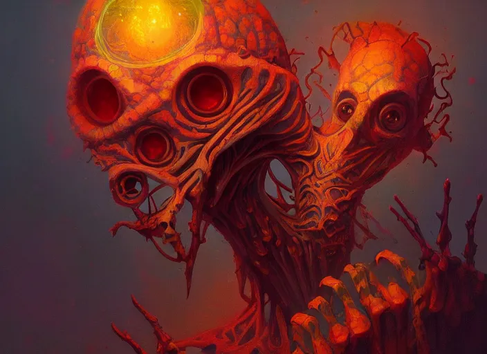 Prompt: a psychedelic portrait of omin dran skeletal phyrexian beholder psion, vibrant color scheme, highly detailed, in the style of romanticism, cinematic, artstation, moebius, greg rutkowski