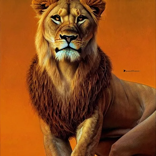 Image similar to highly detailed portrait of a majestic lioness queen in the form of a beautiful woman. d & d. art by donato giancola, brian bolland, ruan jia, peter lindbergh. trending on artstation, intricate details, energetic composition, golden ratio, concept art, illustration, elegant art, global illuminaition