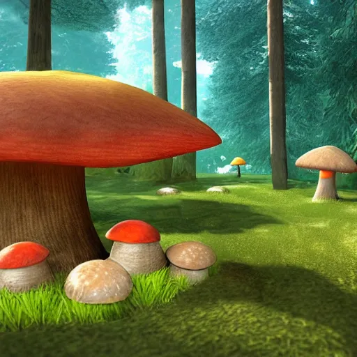 Prompt: a mushroom house in forest, sunny day, by unreal engine.